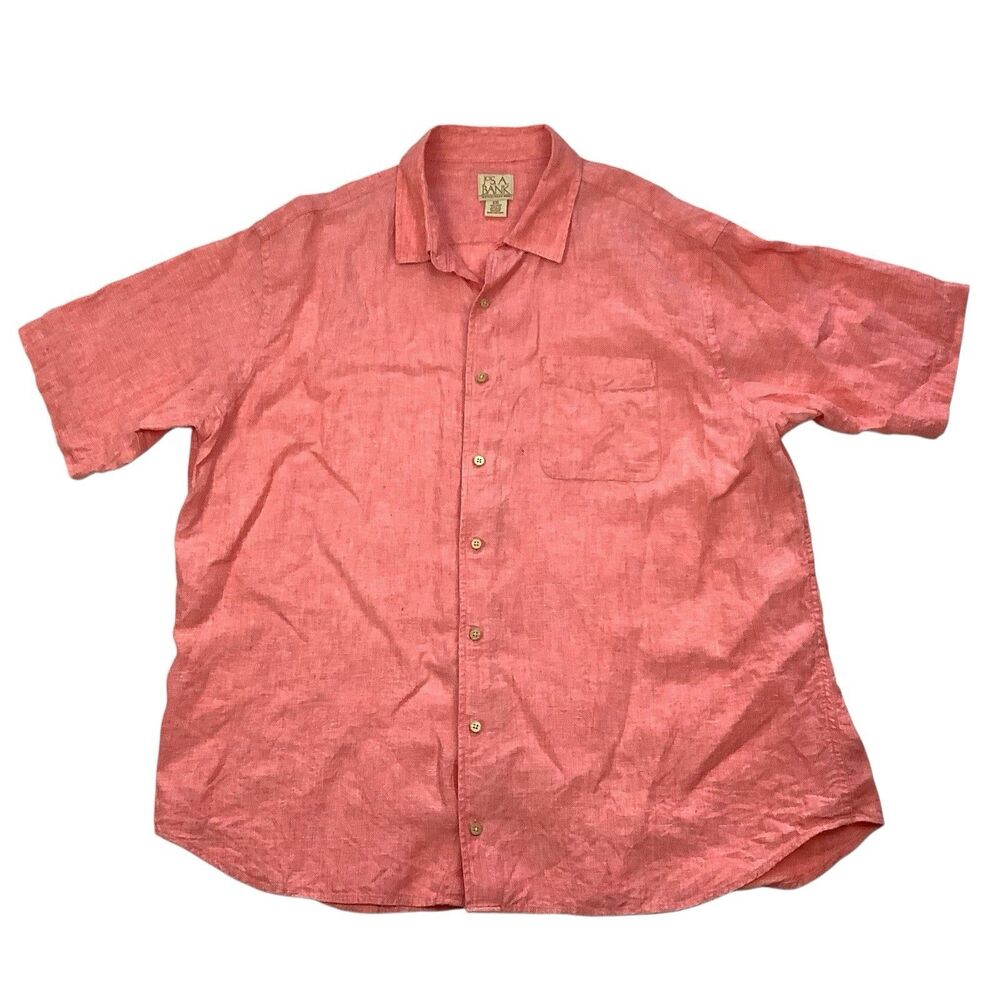 Jos A Bank 100% Linen Shirt Men 2XL XXL Coral Salmon Pink Button Up Coastal Casu